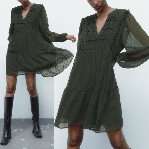 Zara Dresses & Skirts - NEW Zara Olive Green Swiss Dotted Mesh Ruffle Lace Insert Flowy Shift Dress L